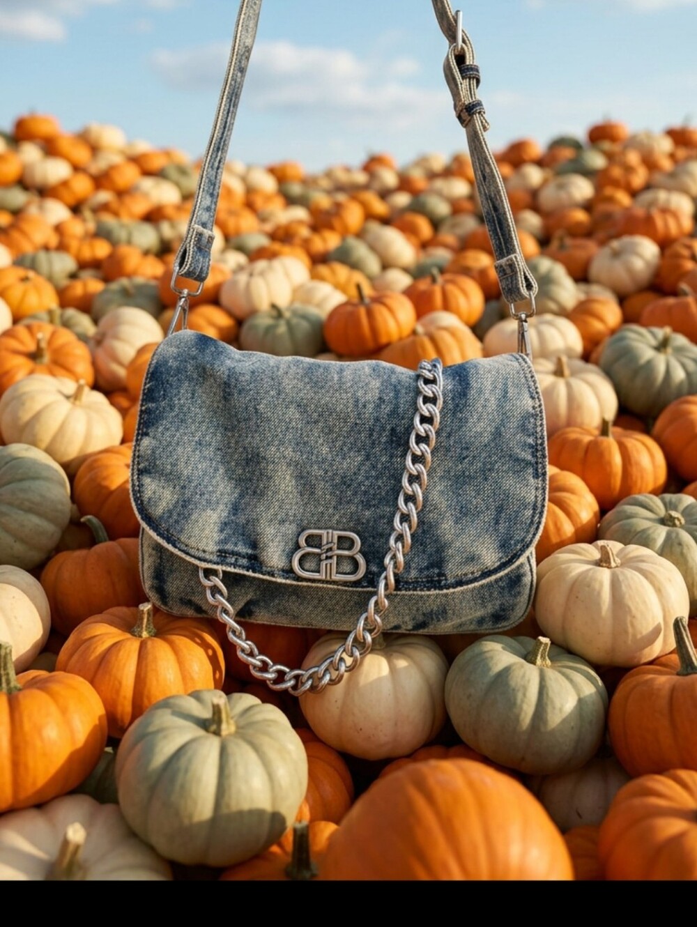 Unlisted Blue Washed Denim Shoulder Bag with Silver Chain